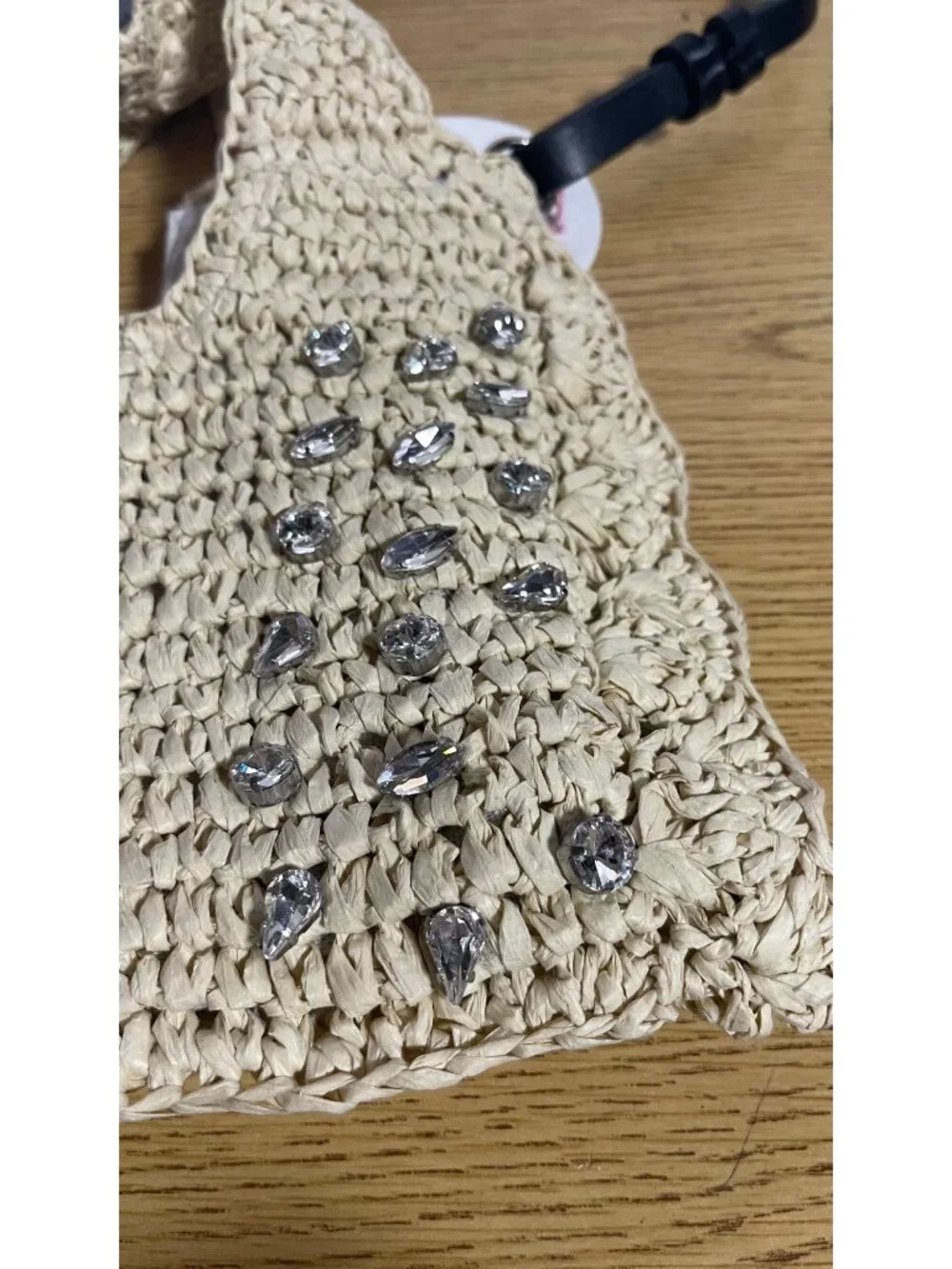 Beige Woven Straw Bag With Rhinestone Accents & Adjustable Strap Minimalist